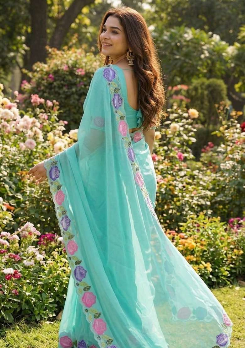 Sky Blue Floral Print Georgette Saree Set - Indya