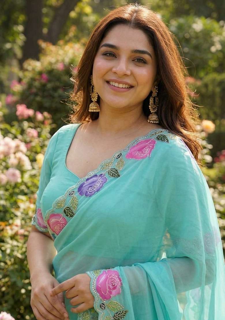 Sky Blue Floral Print Georgette Saree Set - Indya
