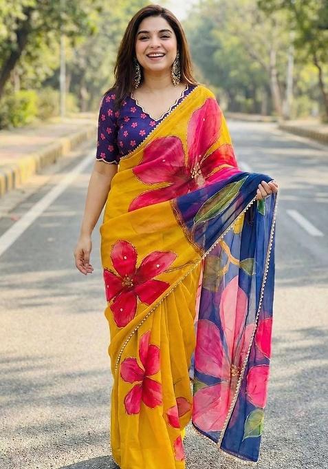 Yellow Printed Georgette Saree Set