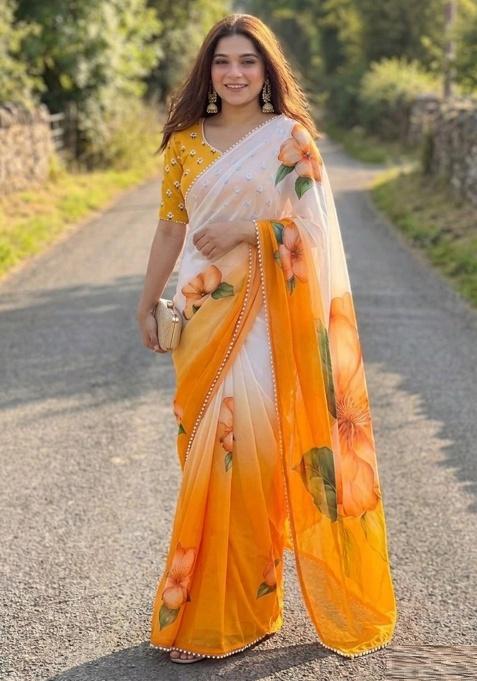 Orange Printed Georgette Saree Set — view on Indya