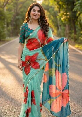 Light Blue Printed Georgette Saree Set