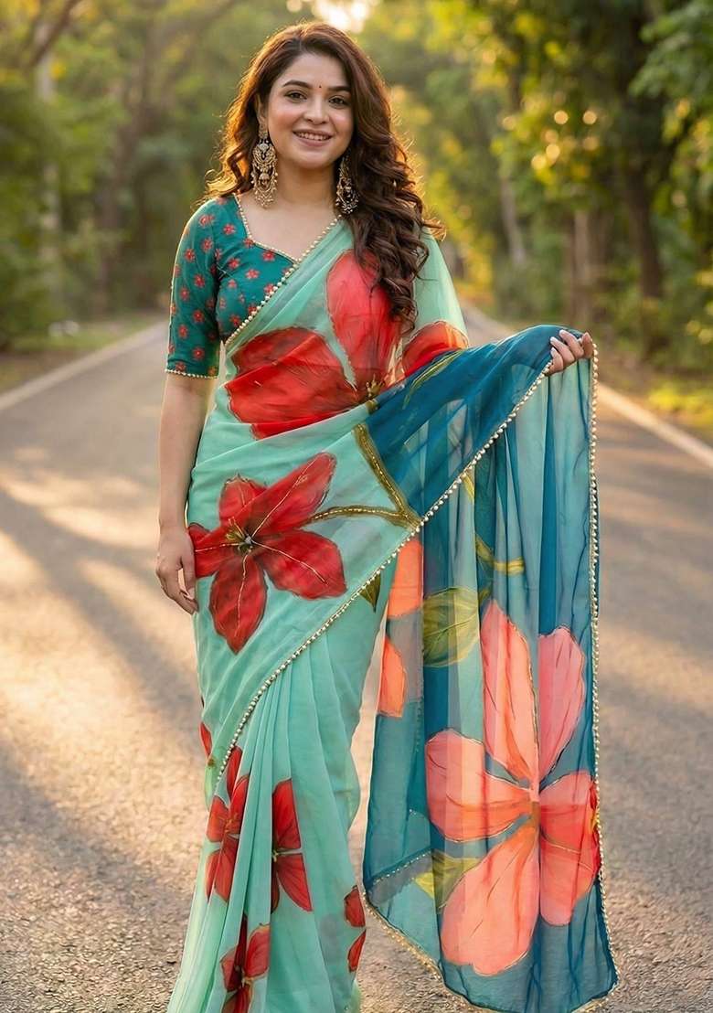 Light Blue Georgette Saree Set with Printed for Diwali | Wedding & Festive Wear - Indya