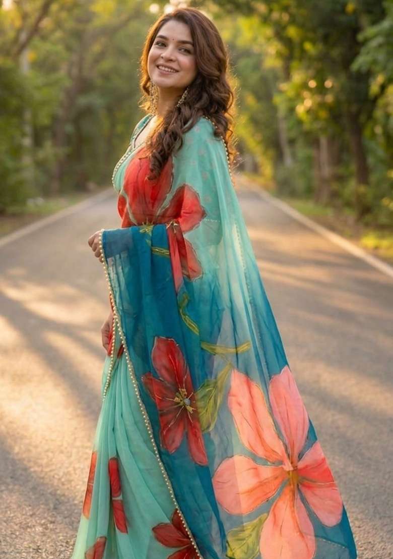 Light Blue Georgette Saree Set with Printed for Diwali | Wedding & Festive Wear - Indya