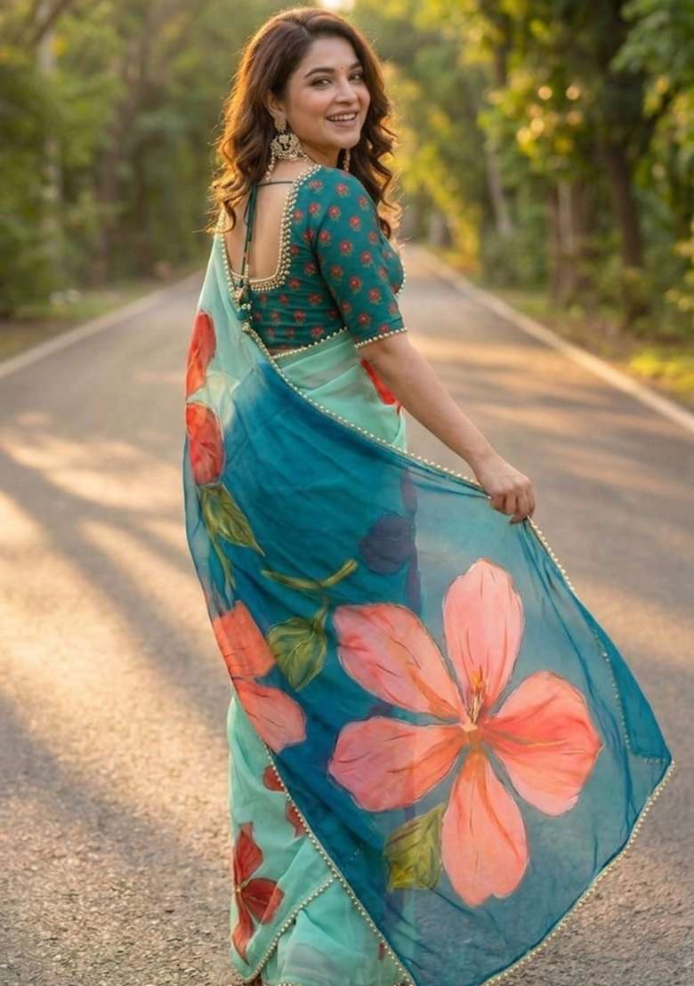 Light Blue Georgette Saree Set with Printed for Diwali | Wedding & Festive Wear - Indya