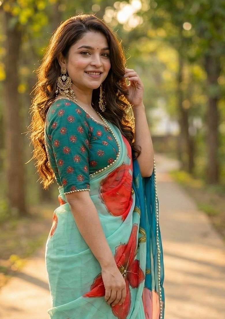 Light Blue Georgette Saree Set with Printed for Diwali | Wedding & Festive Wear - Indya