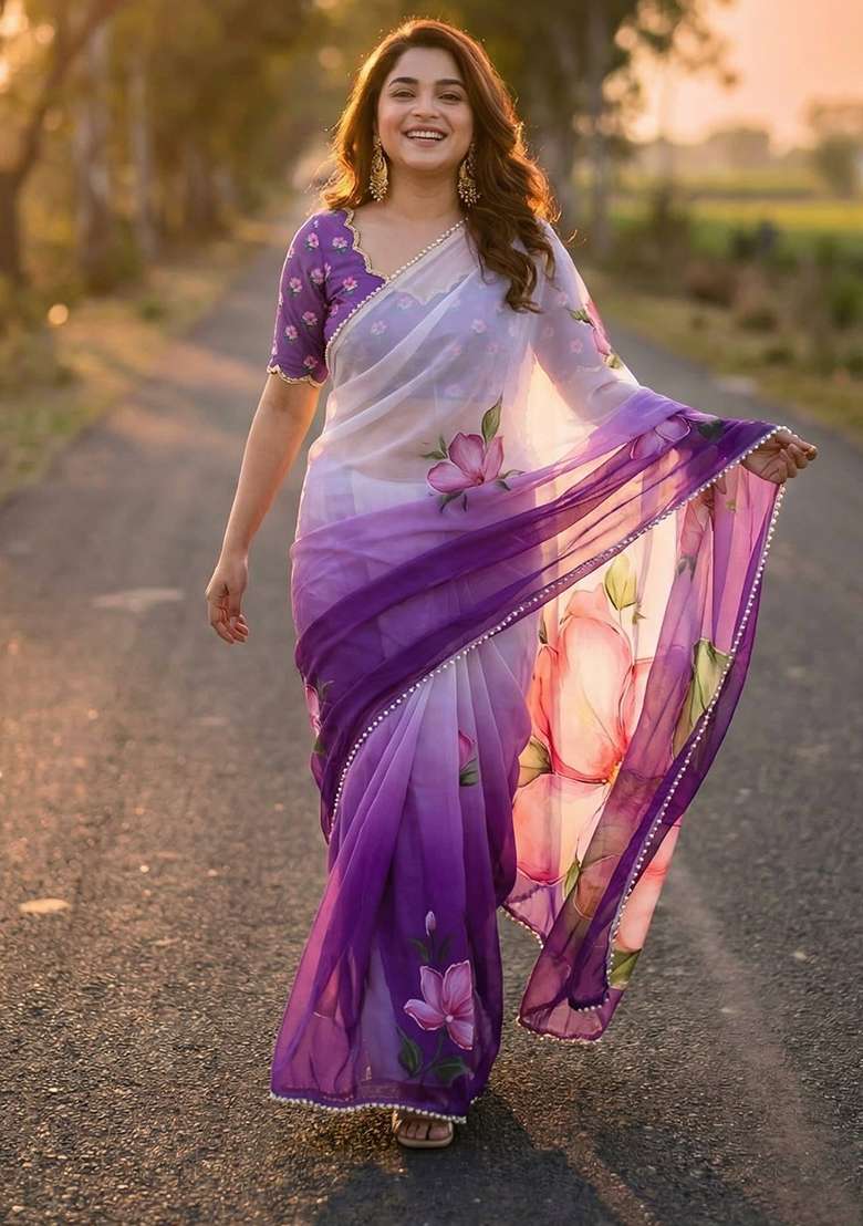 Purple Printed Georgette Saree Set for Diwali and Festive Wear - Indya