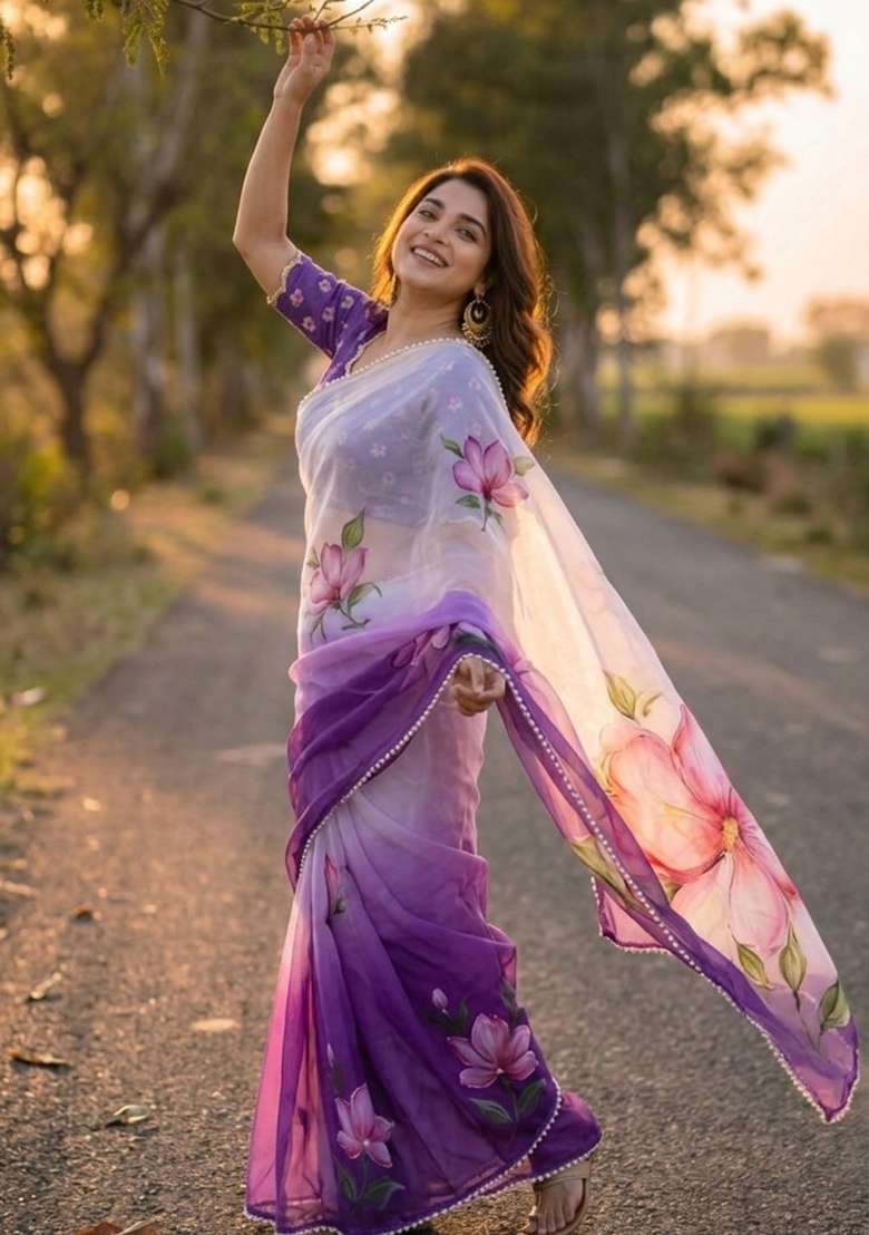 Purple Printed Georgette Saree Set for Diwali and Festive Wear - Indya