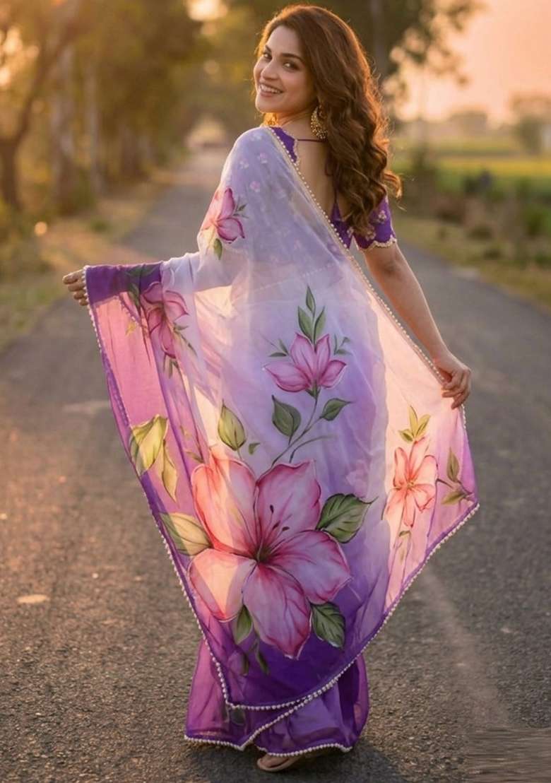 Purple Printed Georgette Saree Set for Diwali and Festive Wear - Indya