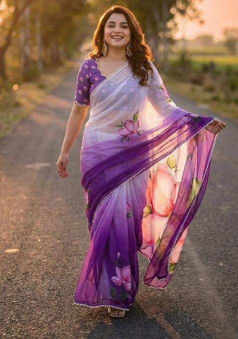 Purple Printed Georgette Saree Set — view on Indya