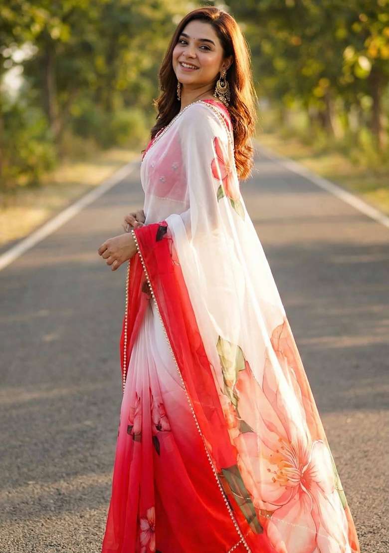 Red Printed Georgette Saree Set for Diwali and Festive Wear - Indya