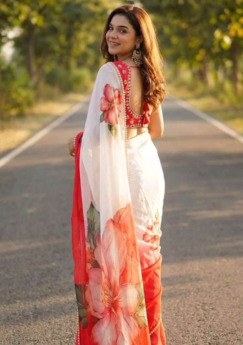 Red Printed Georgette Saree Set for Diwali and Festive Wear - Indya