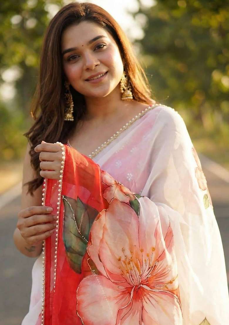 Red Printed Georgette Saree Set for Diwali and Festive Wear - Indya
