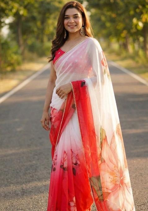 Red Printed Georgette Saree Set — view on Indya