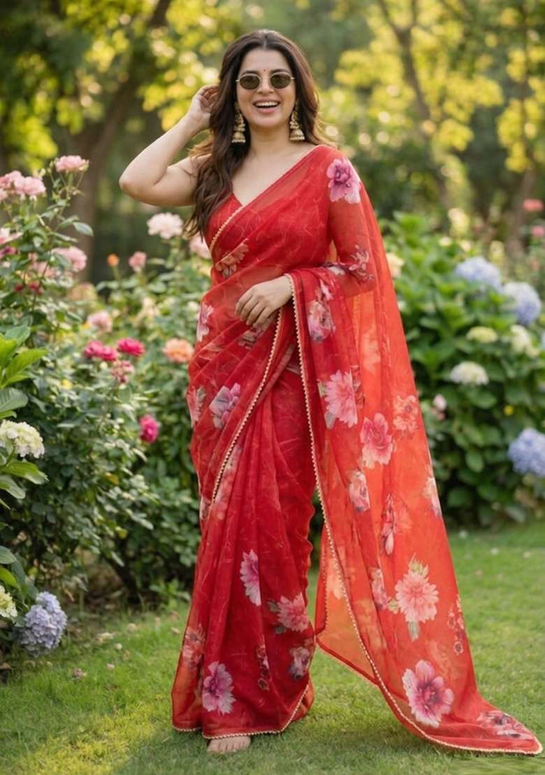 Red Printed Georgette Saree Set for Diwali and Festive Wear - Indya