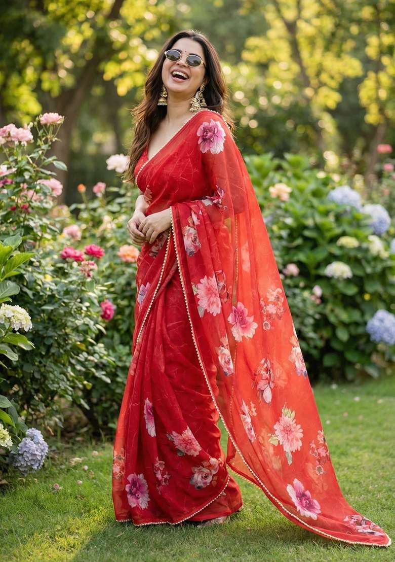 Red Printed Georgette Saree Set for Diwali and Festive Wear - Indya