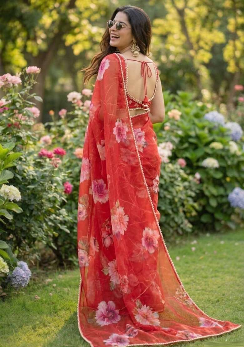 Red Printed Georgette Saree Set for Diwali and Festive Wear - Indya
