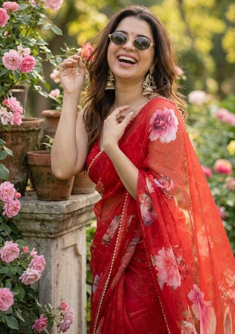 Red Printed Georgette Saree Set for Diwali and Festive Wear - Indya