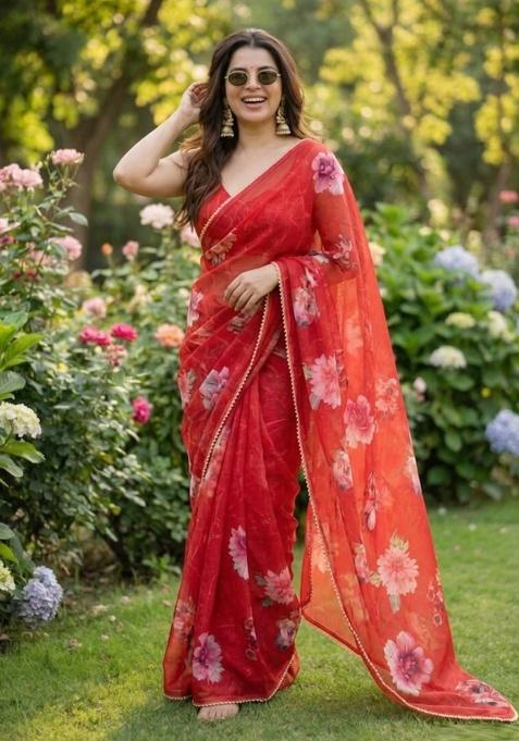 Red Printed Georgette Saree Set