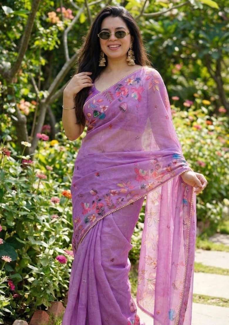 Lavender Georgette Saree Set with Printed for Diwali | Wedding & Festive Wear - Indya