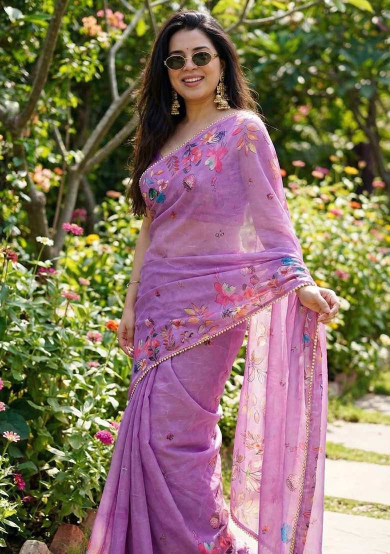 Lavender Georgette Saree Set with Printed for Diwali | Wedding & Festive Wear - Indya