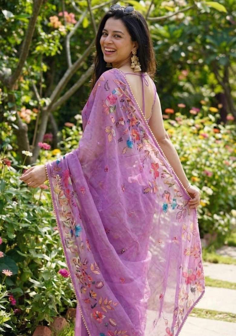 Lavender Georgette Saree Set with Printed for Diwali | Wedding & Festive Wear - Indya