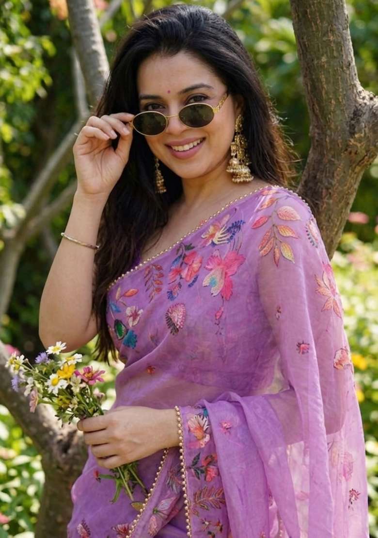 Lavender Georgette Saree Set with Printed for Diwali | Wedding & Festive Wear - Indya