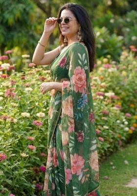 Green Printed Georgette Saree Set