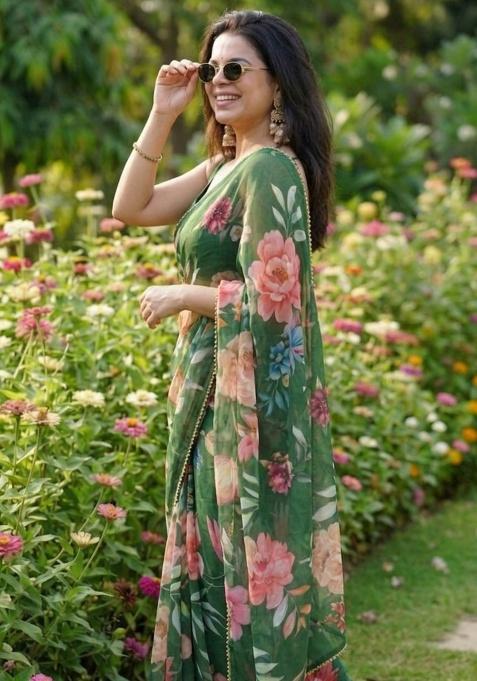 Green Printed Georgette Saree Set