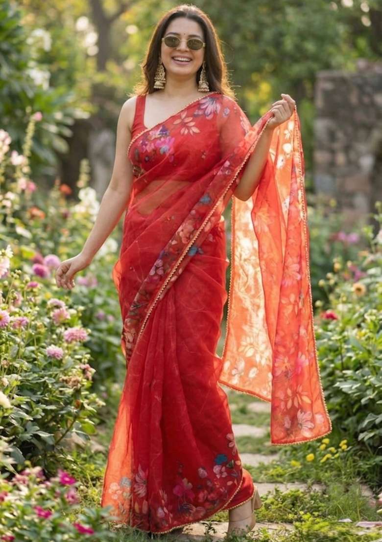 Red Georgette Saree Set with Printed for Diwali | Wedding & Festive Wear - Indya