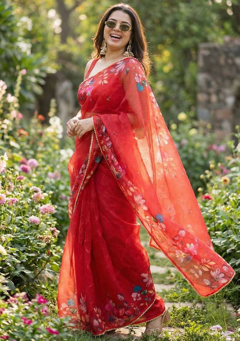 Red Georgette Saree Set with Printed for Diwali | Wedding & Festive Wear - Indya
