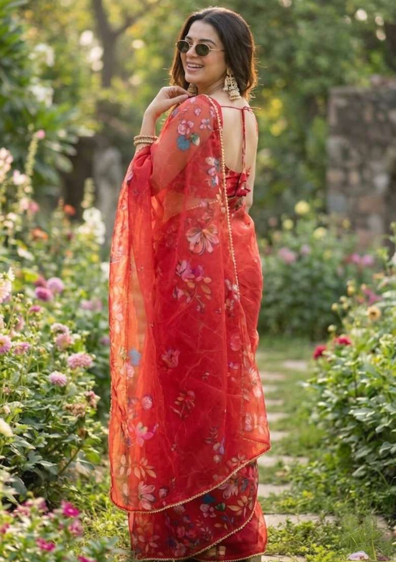 Red Georgette Saree Set with Printed for Diwali | Wedding & Festive Wear - Indya