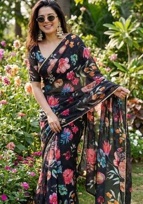 Black Printed Georgette Saree Set