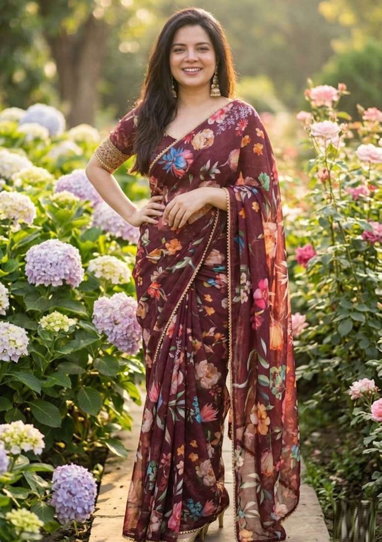 Wine Printed Georgette Saree Set for Diwali and Festive Wear - Indya