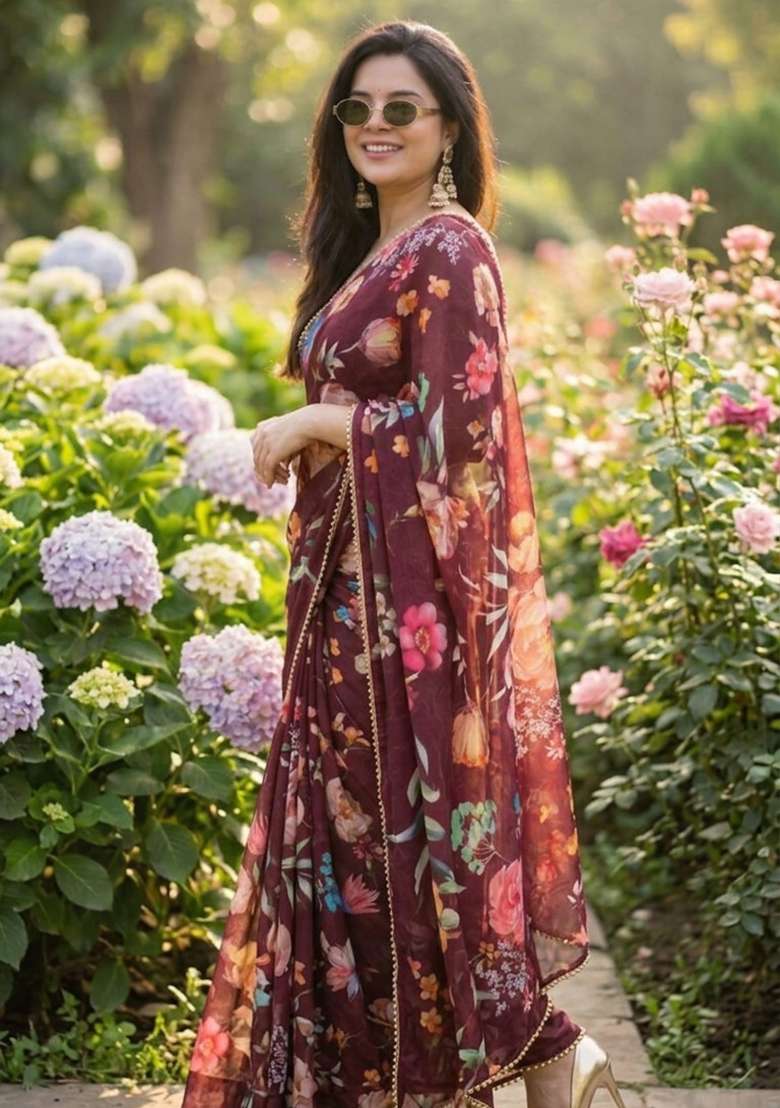 Wine Printed Georgette Saree Set for Diwali and Festive Wear - Indya