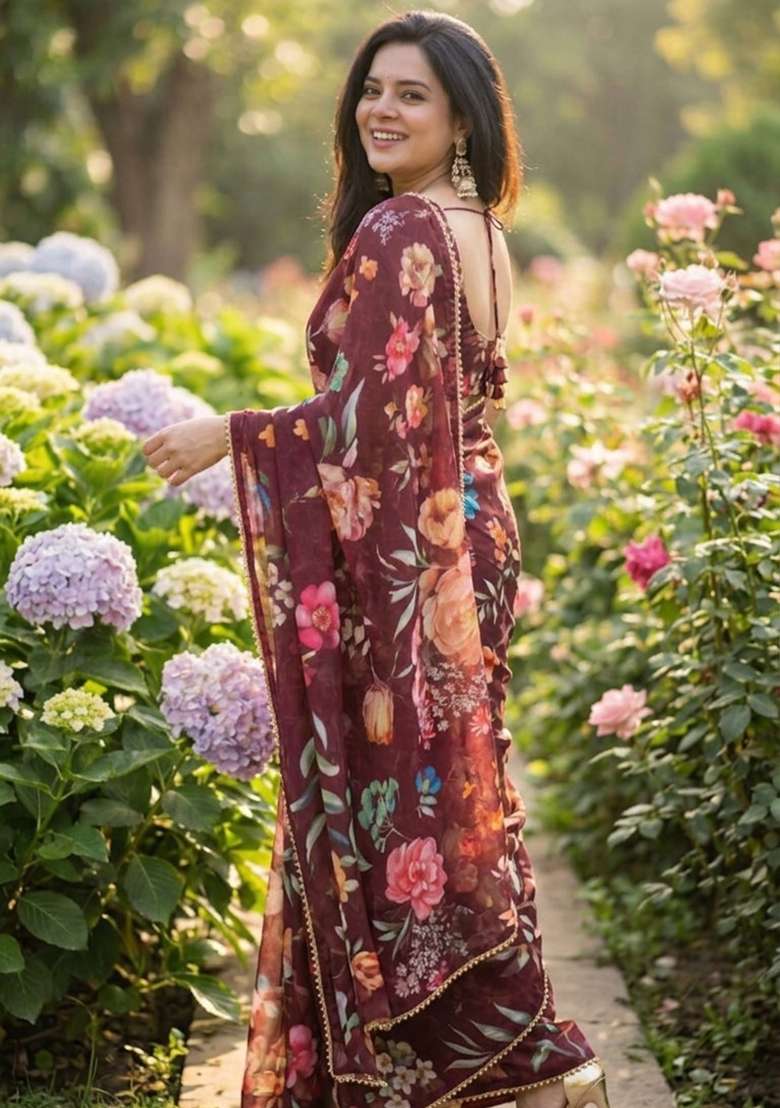 Wine Printed Georgette Saree Set for Diwali and Festive Wear - Indya