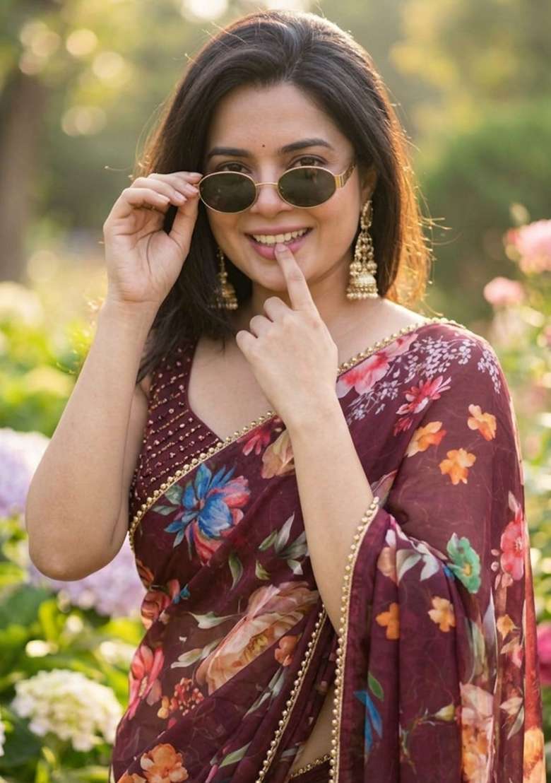 Wine Printed Georgette Saree Set for Diwali and Festive Wear - Indya