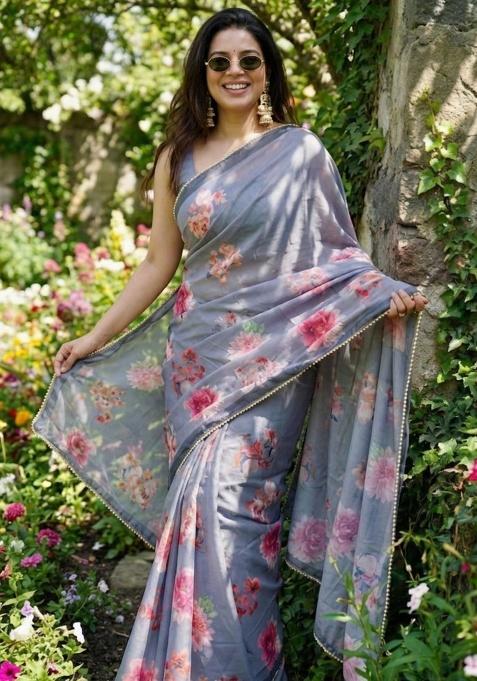 Grey Printed Georgette Saree Set — view on Indya