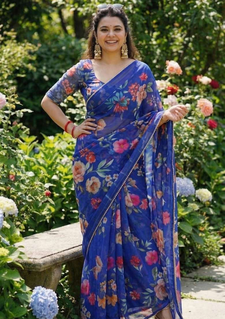 Blue Printed Georgette Saree Set for Diwali and Festive Wear - Indya