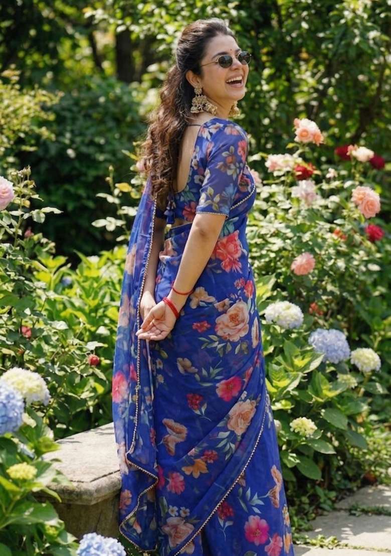 Blue Printed Georgette Saree Set for Diwali and Festive Wear - Indya