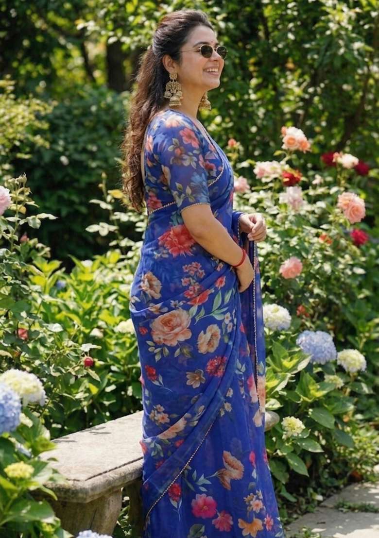 Blue Printed Georgette Saree Set for Diwali and Festive Wear - Indya