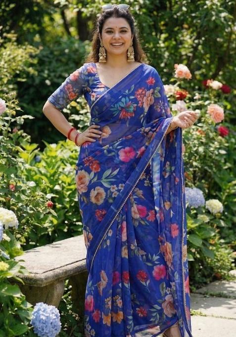 Blue Printed Georgette Saree Set