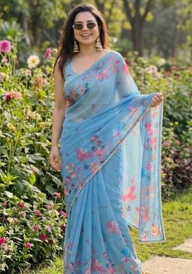 Light Pink Printed Georgette Saree Set