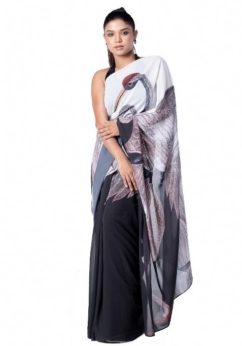 Black Printed Georgette Saree Set — view on Indya
