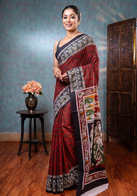 Brown Hand Block Cotton Saree Set