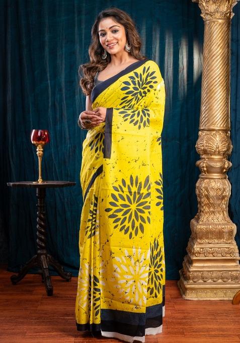 Yellow Hand Block Cotton Saree Set