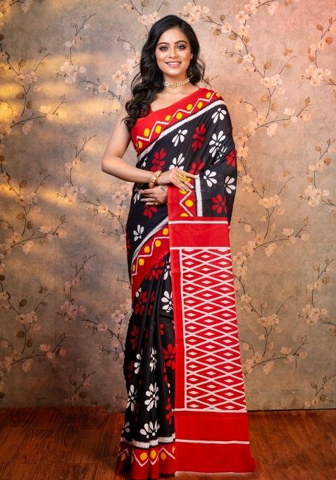 Black Hand Block Cotton Saree Set