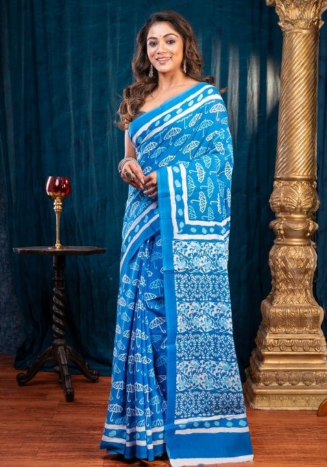 Blue Hand Block Cotton Saree Set