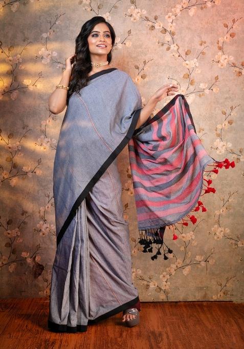 Grey Woven Cotton Saree Set