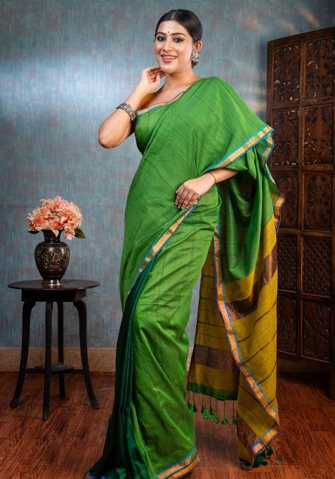 Green Woven Cotton Saree Set