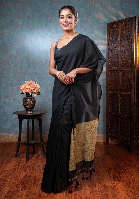 Black Woven Cotton Saree Set